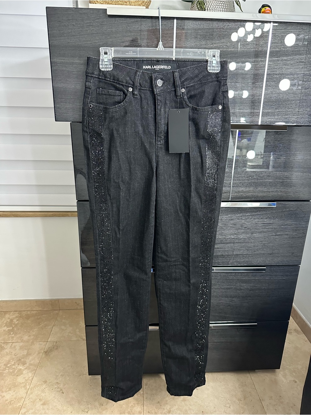 Karl Lagerfeld Black Straight Leg Jeans with Sparkle Side Stripes